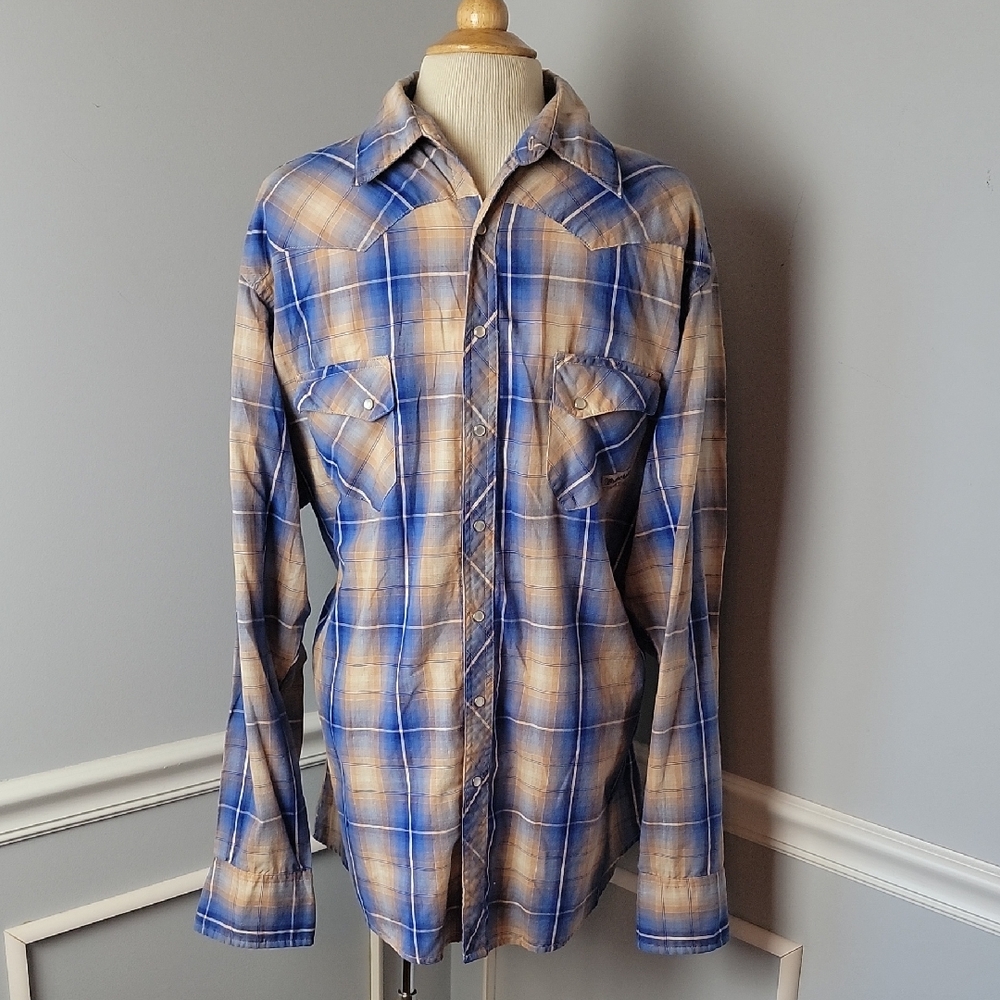 WRANGLER Wrancher Men's Blue Tan Plaid Pearl Snap Casual Western Rodeo Shirt XLT